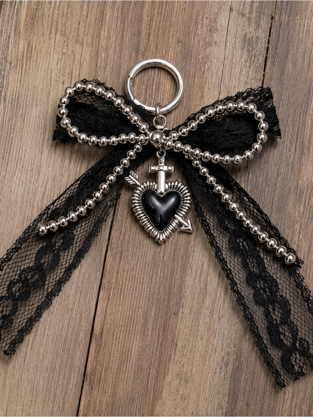 Black Lace Bow Keyring with Silver Heart Charm